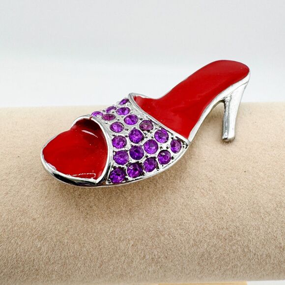 Vintage Red Hat Society Brooch – Rhinestone High Heel Pin Purple & Red Glam - Picture 4 of 7